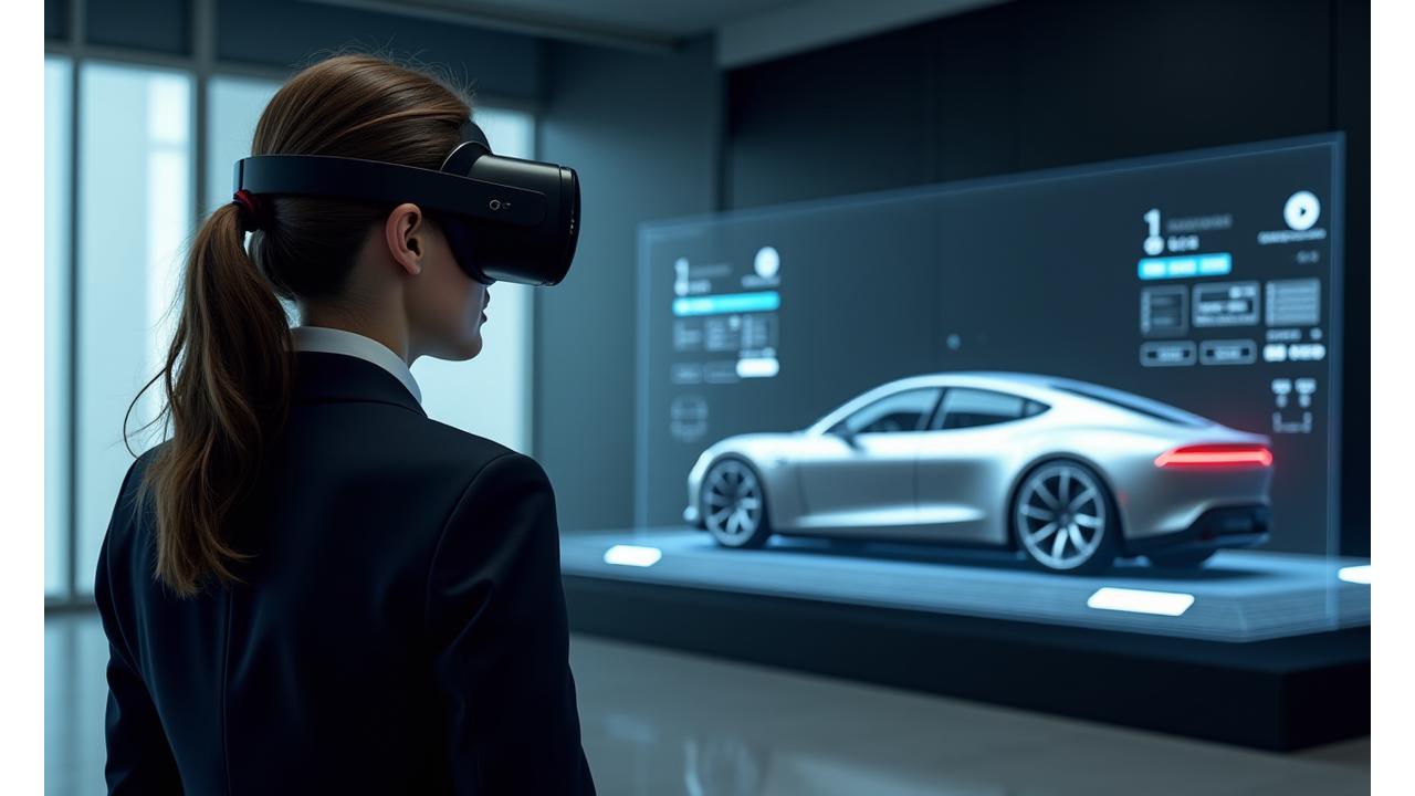 Person using a VR headset to explore a virtual luxury car showroom